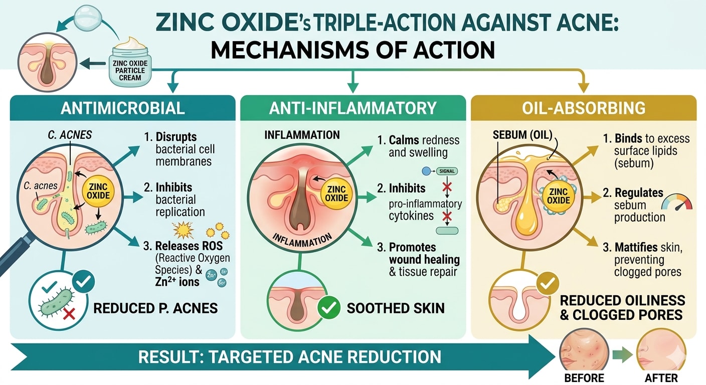 Diagram showing zinc oxide's three mechanisms against acne: antimicrobial, anti-inflammatory, oil-absorbing