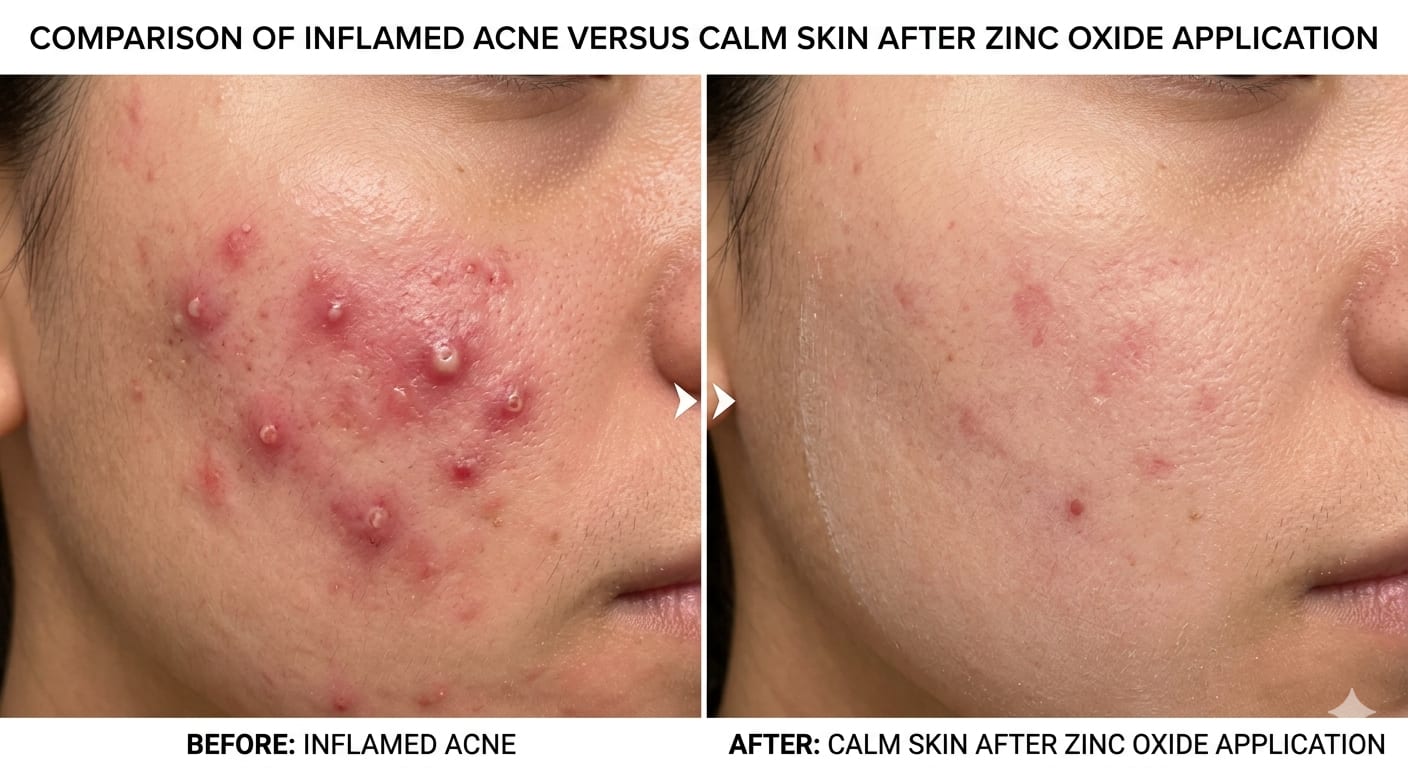 Comparison of inflamed acne versus calm skin after zinc oxide application