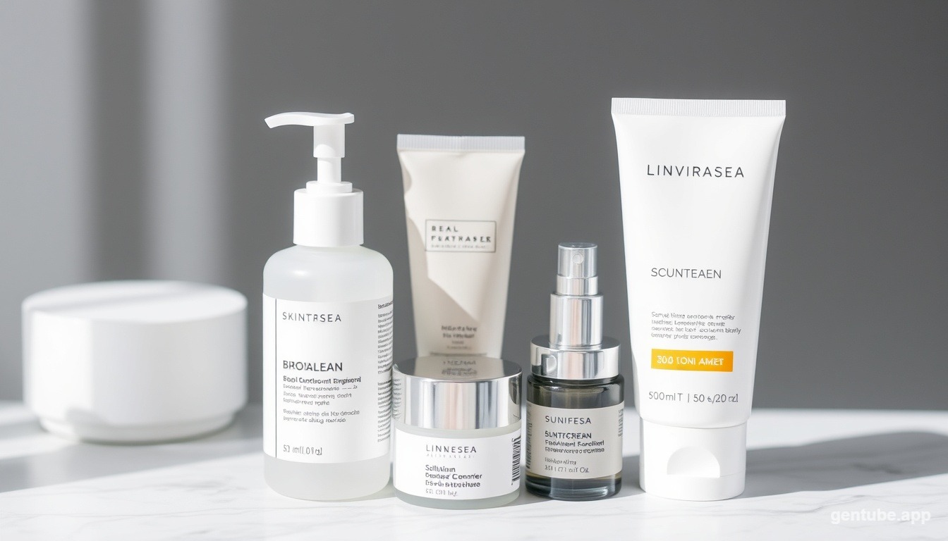 Essential minimalist skincare products including cleanser, moisturizer, and sunscreen