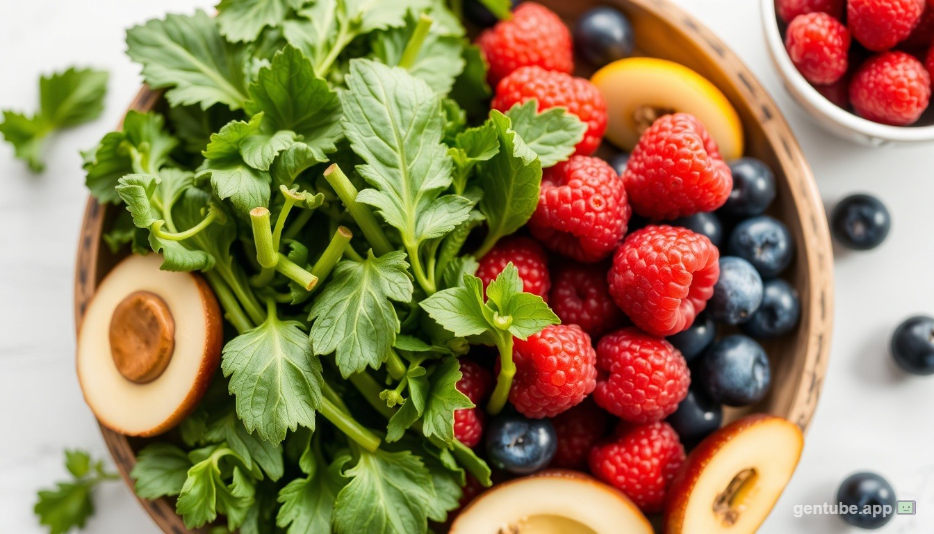 Colorful anti-inflammatory foods including berries, leafy greens, and healthy fats