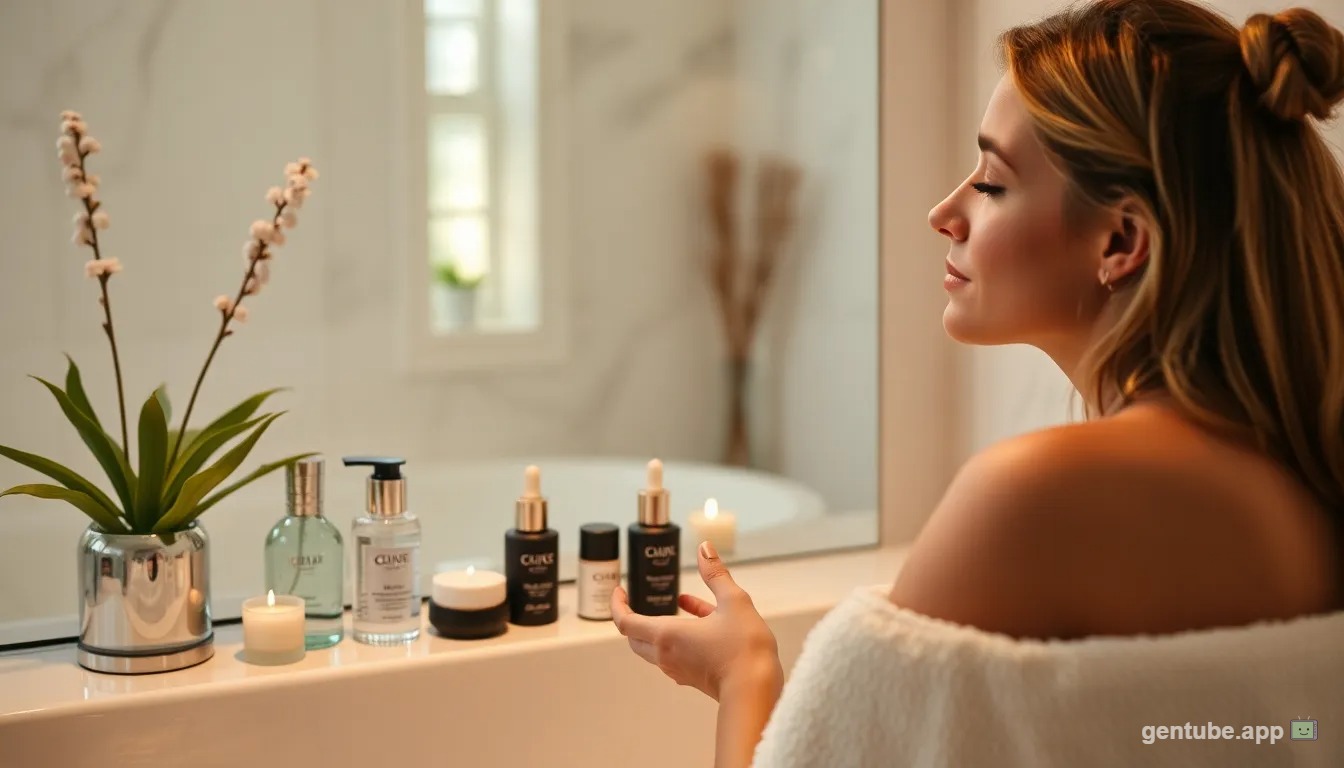 Relaxing evening skincare routine in a calm bathroom setting