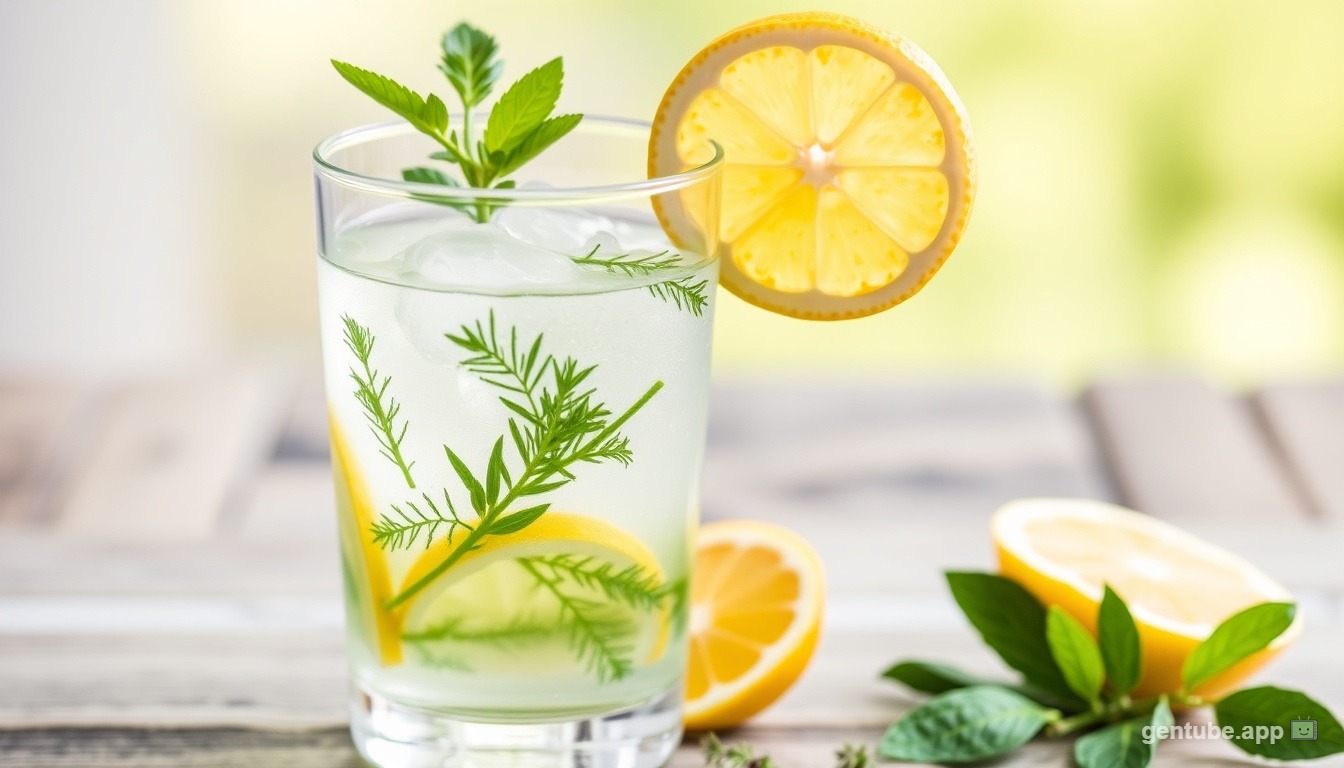 Glass of water with lemon and fresh herbs for digestive support