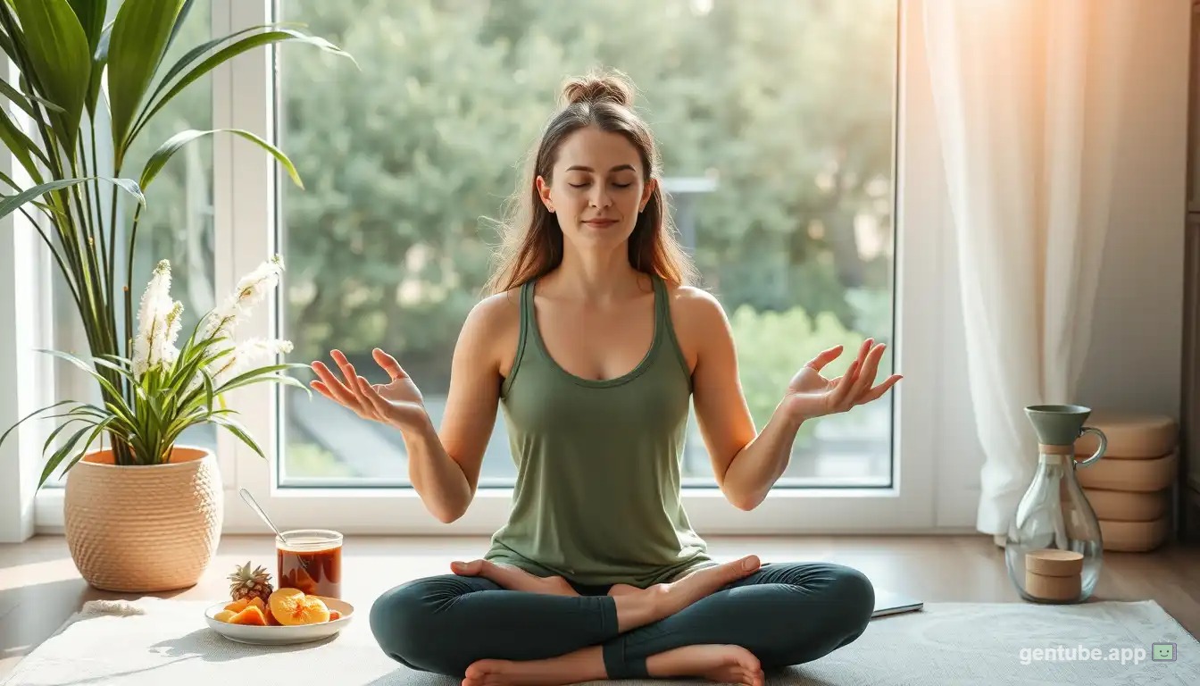 Person practicing morning wellness routine with meditation and healthy breakfast
