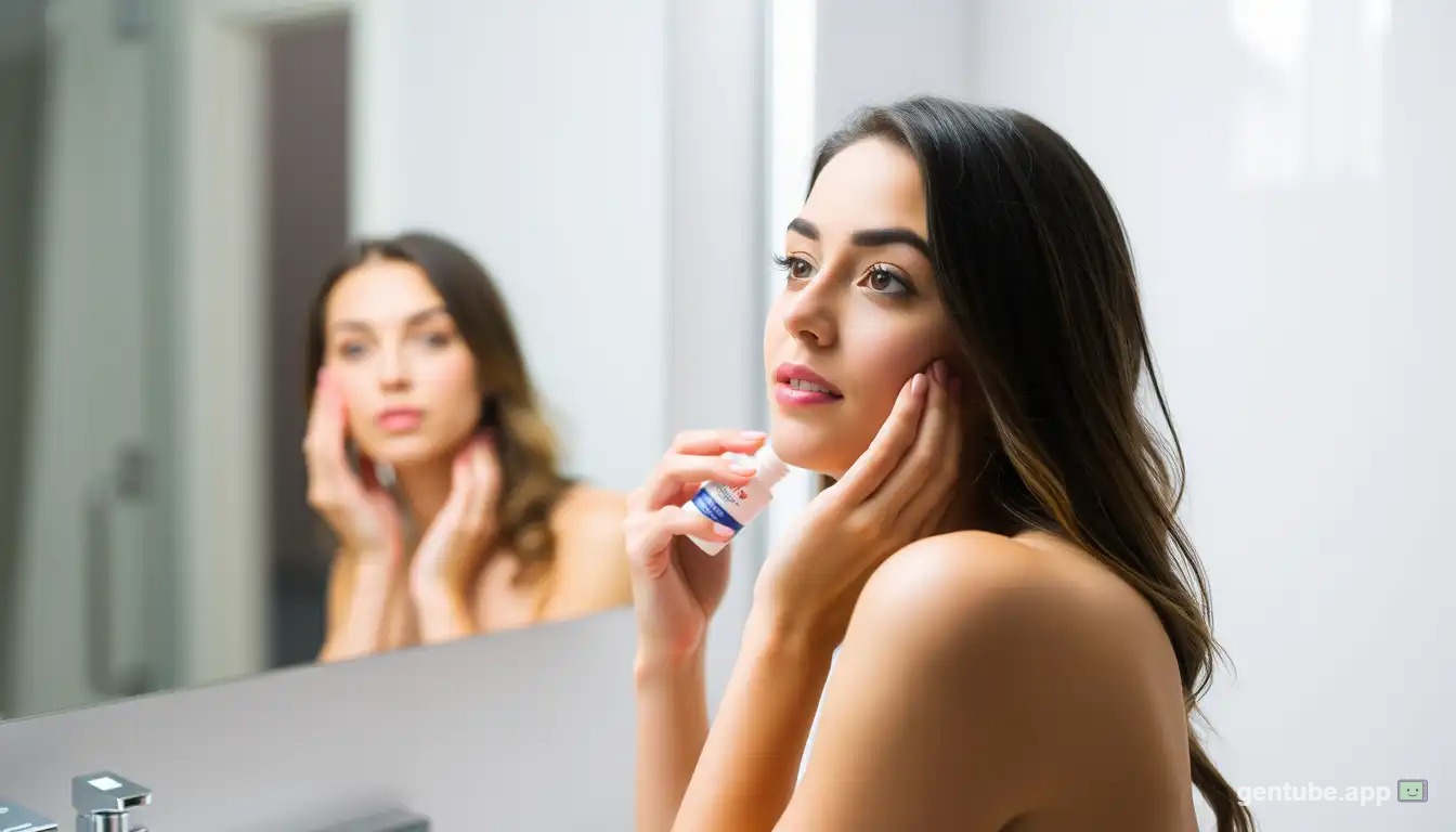 Woman applying retinol products in bathroom at night