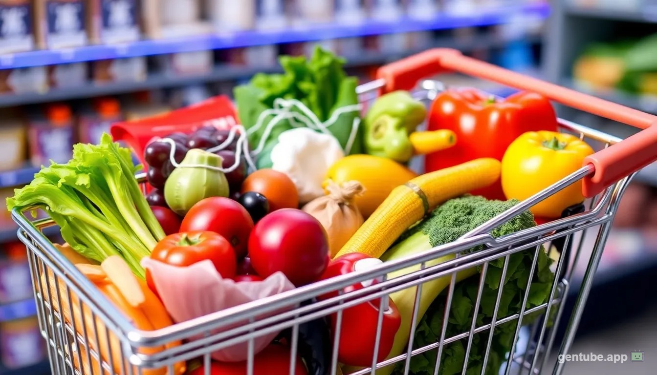 Grocery shopping cart filled with gut-healthy foods and vegetables