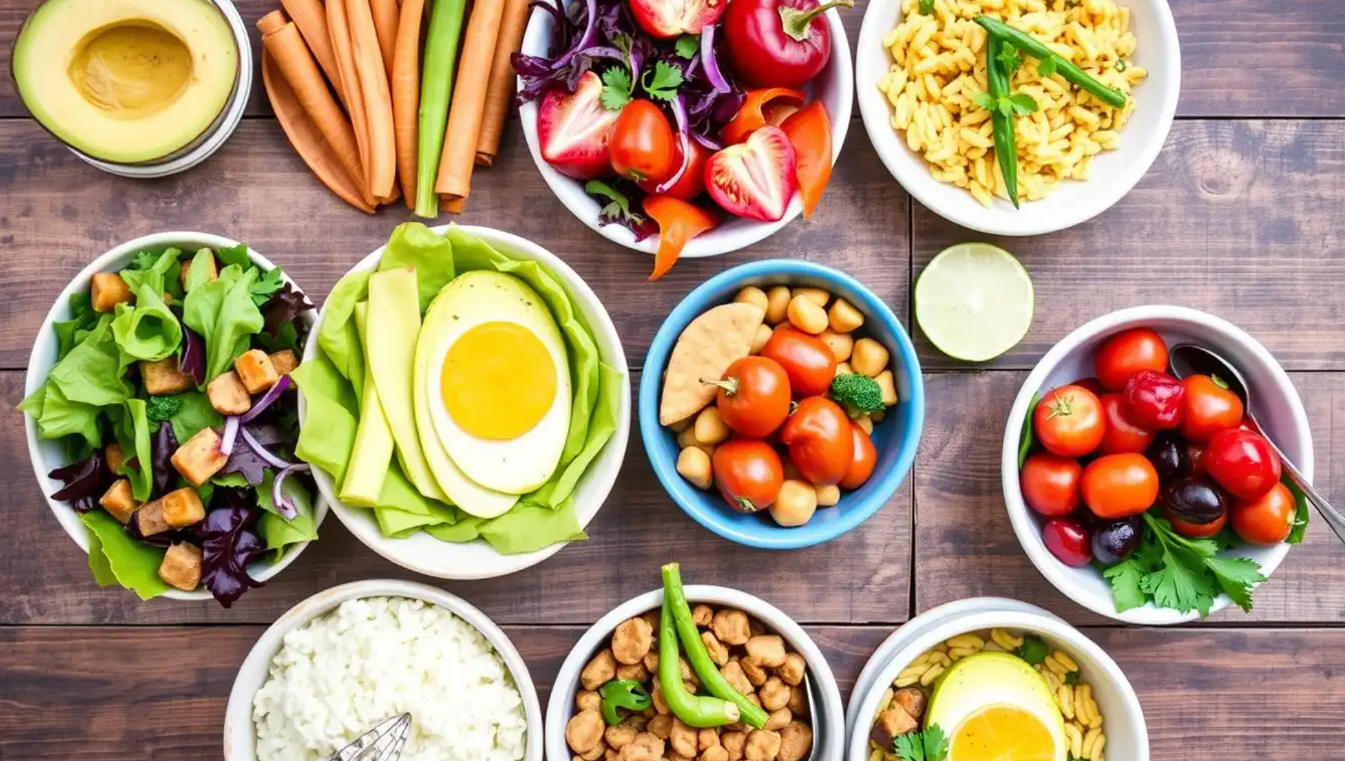 Beautiful spread of 7-day gut reset meal plan with colorful healthy foods