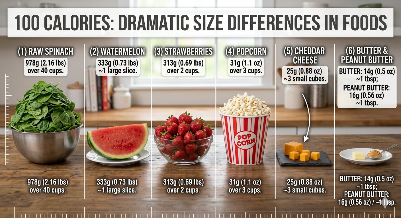 100 calories of different foods showing dramatic size differences