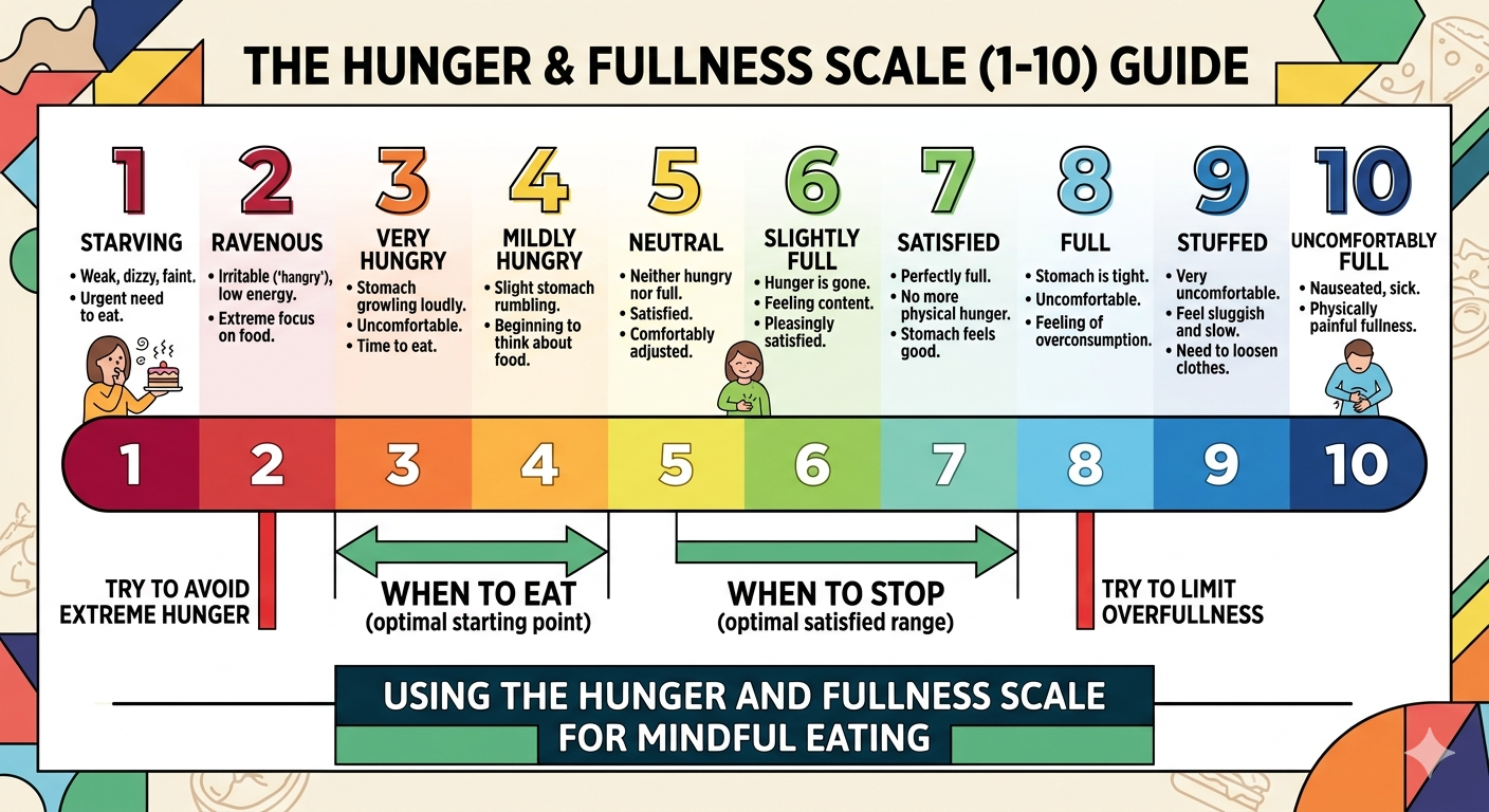 Hunger and fullness scale from 1 to 10 showing when to eat and when to stop