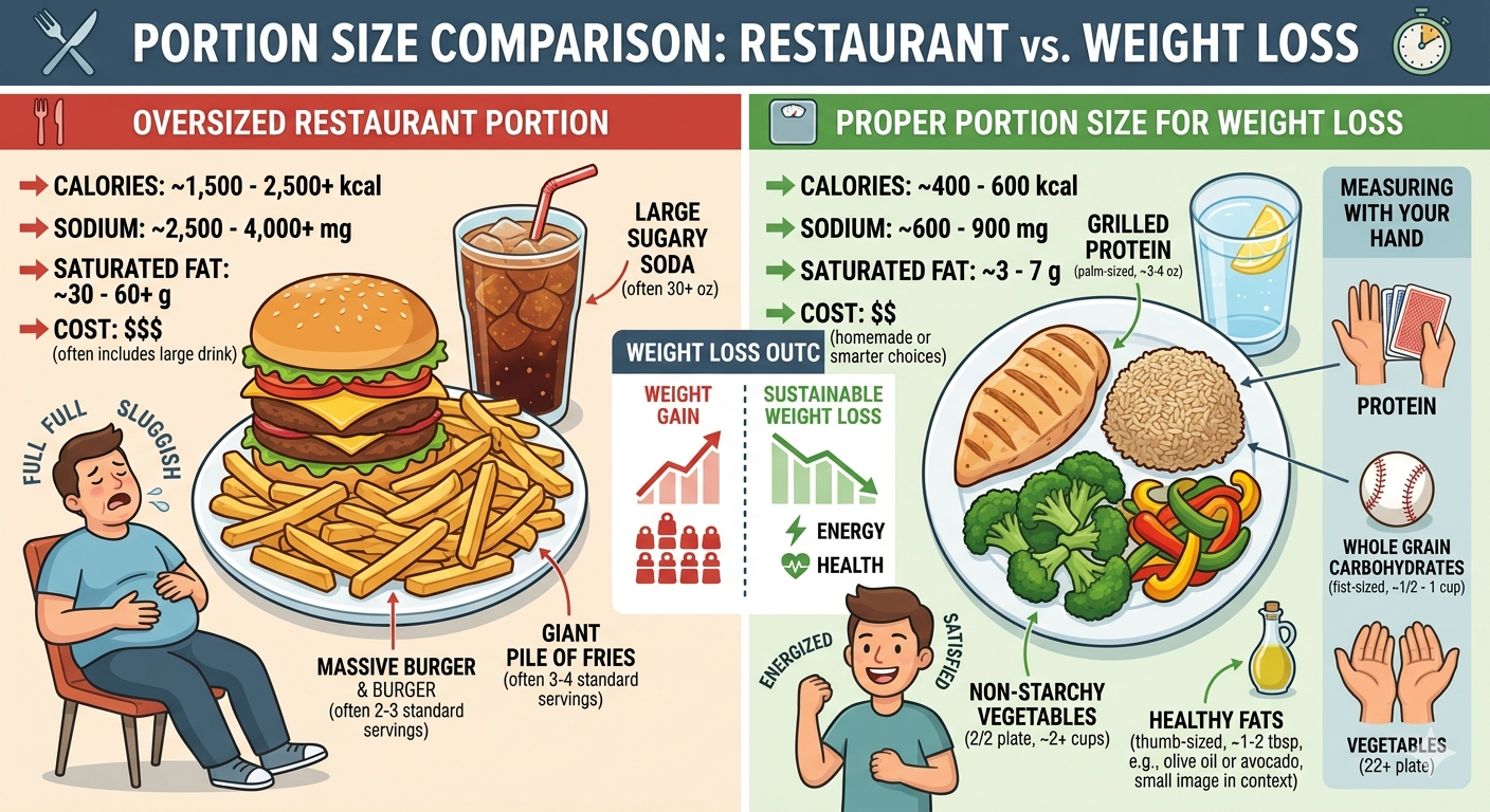 Comparison of oversized restaurant portion versus proper portion size for weight loss