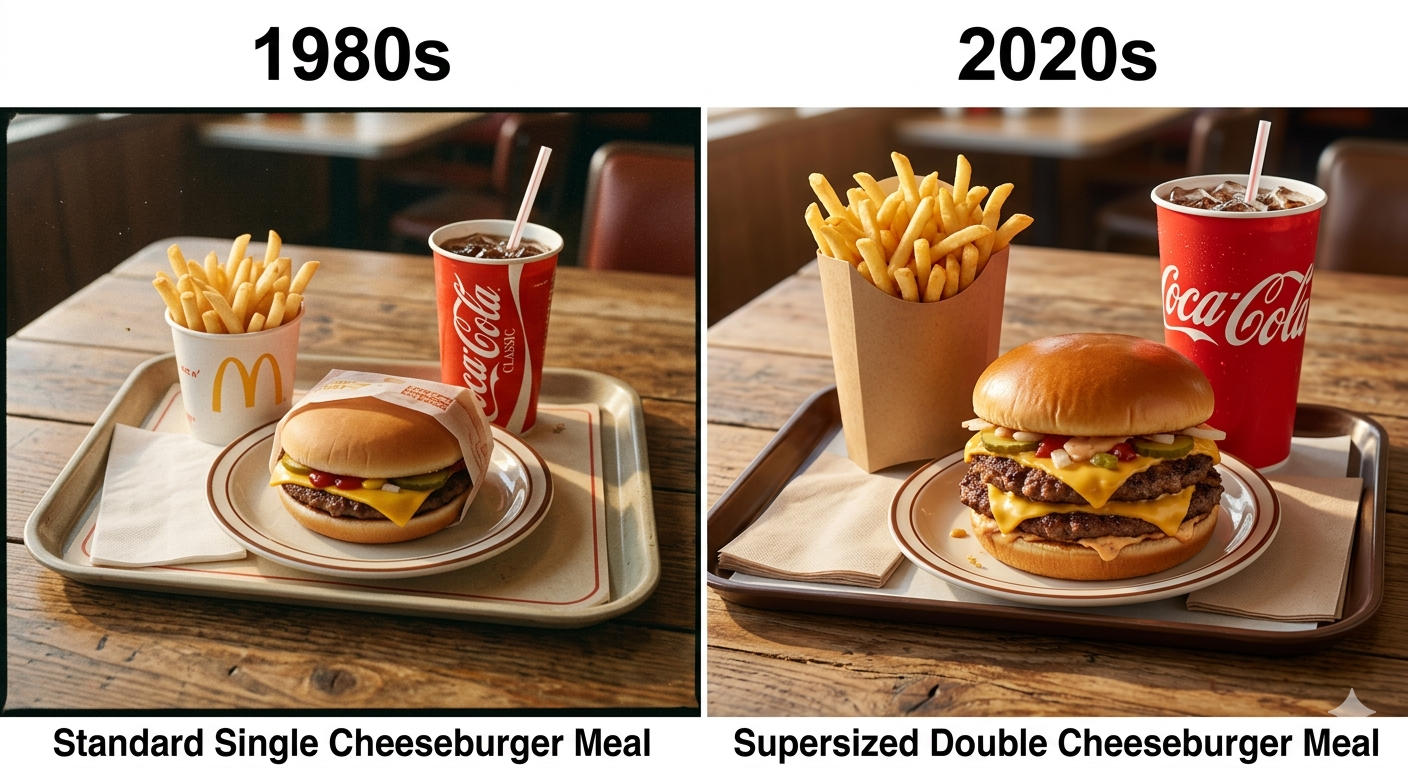 Side-by-side comparison of 1980s vs 2020s portion sizes showing dramatic increase
