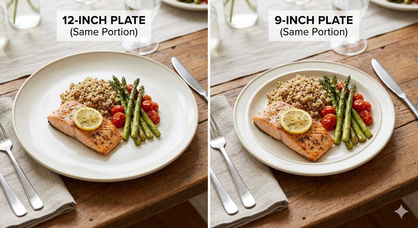 Same portion of food on 12-inch plate vs 9-inch plate showing visual difference
