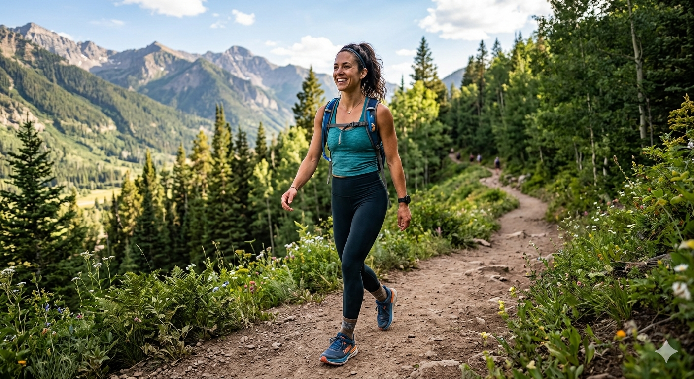 Person walking confidently on trail showing fitness transformation journey