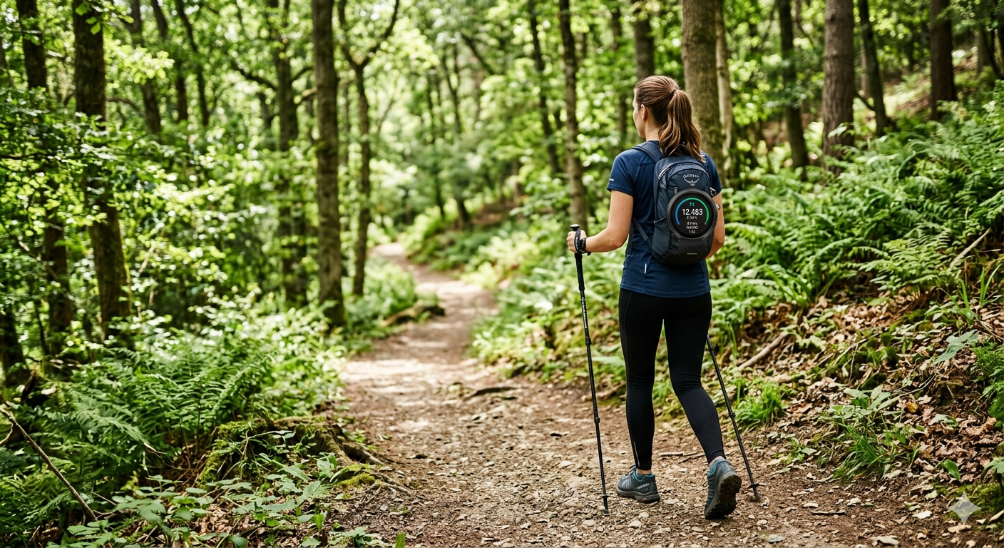 Person celebrating fitness milestone with walking tracker showing 30-day progress