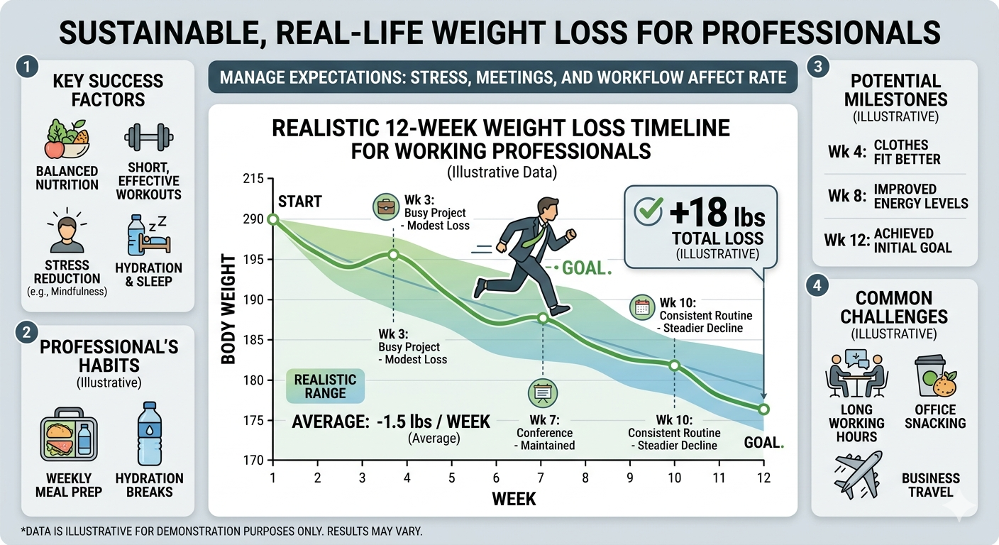Progress chart showing realistic 12-week weight loss timeline for working professionals