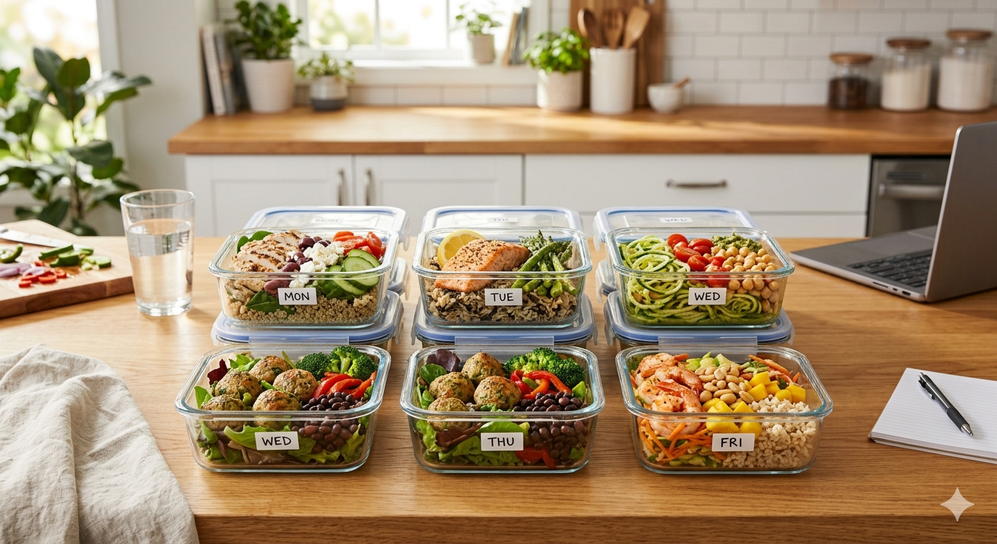 Sunday meal prep containers organized for busy workweek with healthy professional lunches