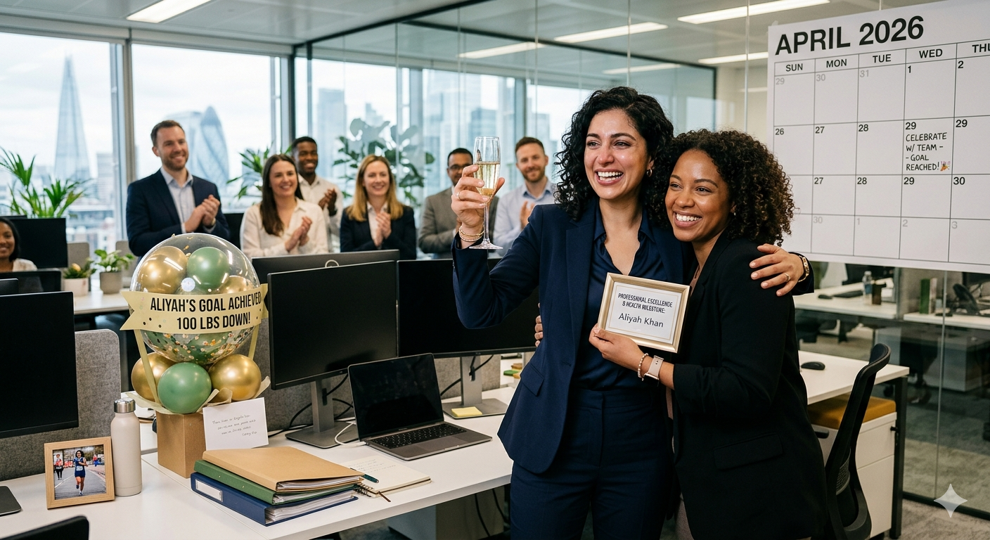 Successful professional celebrating weight loss achievement while maintaining busy career
