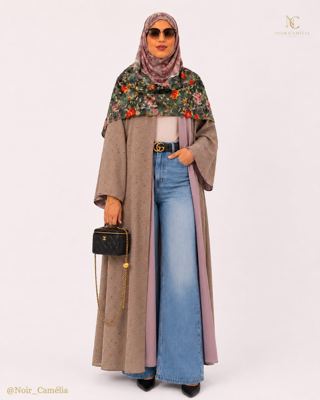 Soft sage grey abaya with elegant drape and long sleeves