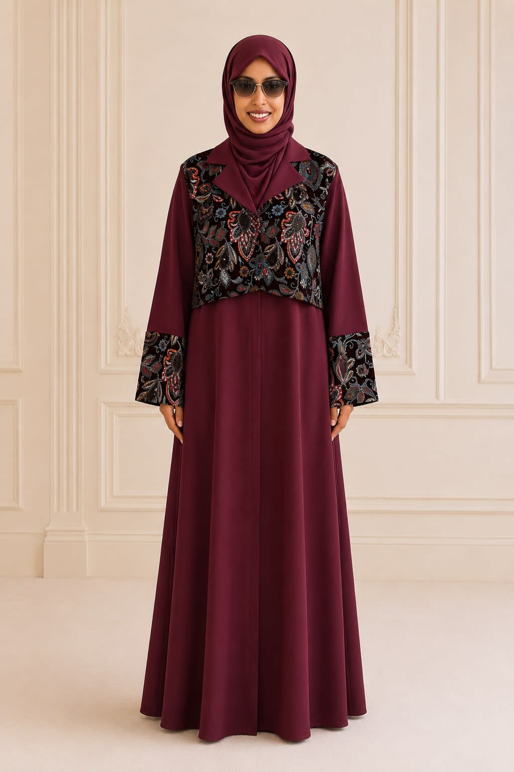 Burgundy bloom dress with flowing fabric from front view