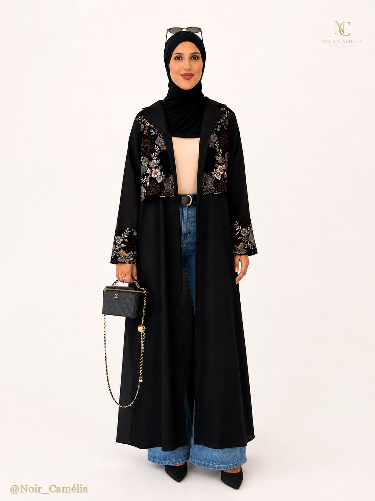 Luxury black embroidered open abaya with multicolor floral detailing