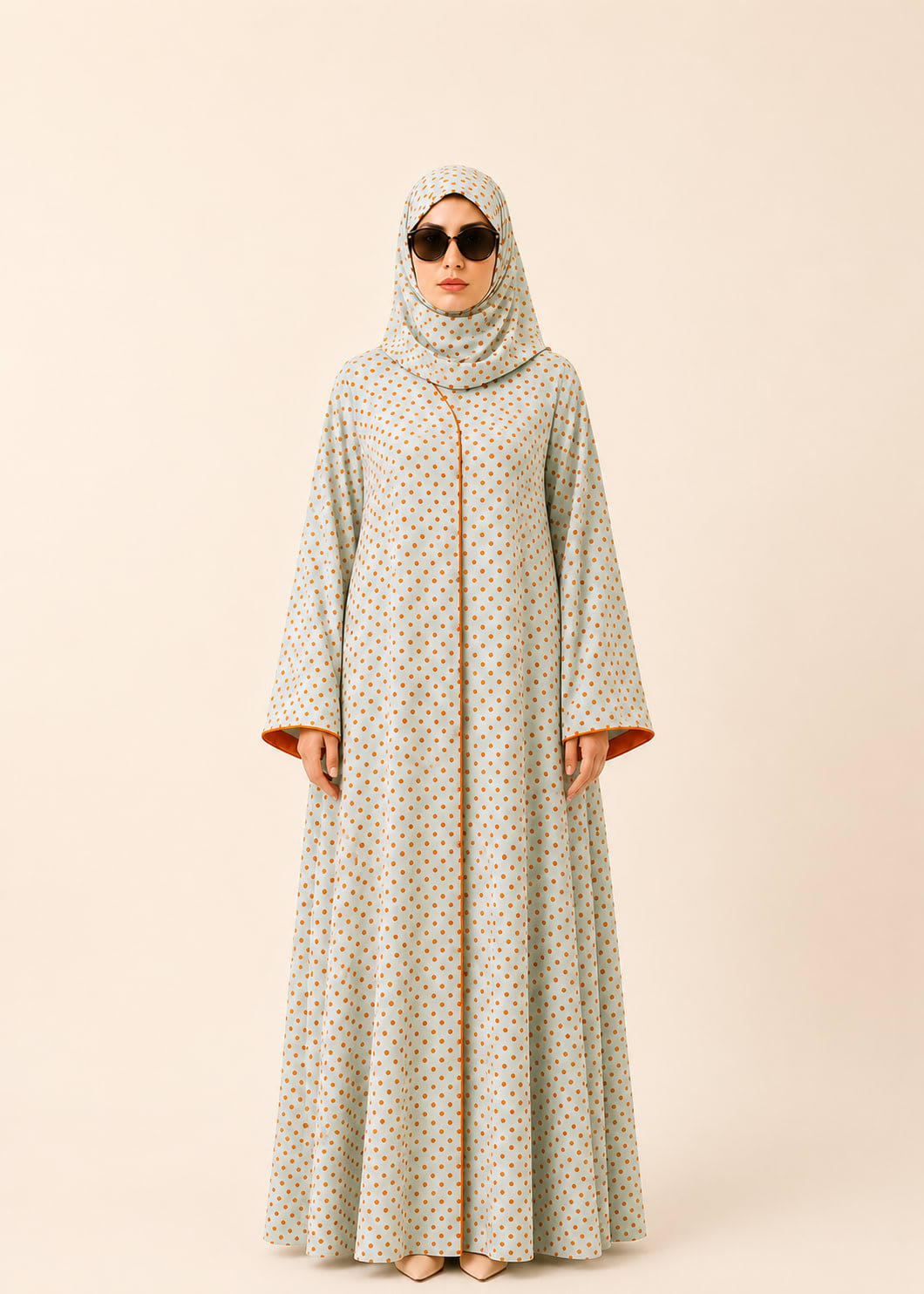Pastel mint abaya with orange polka dots, front view