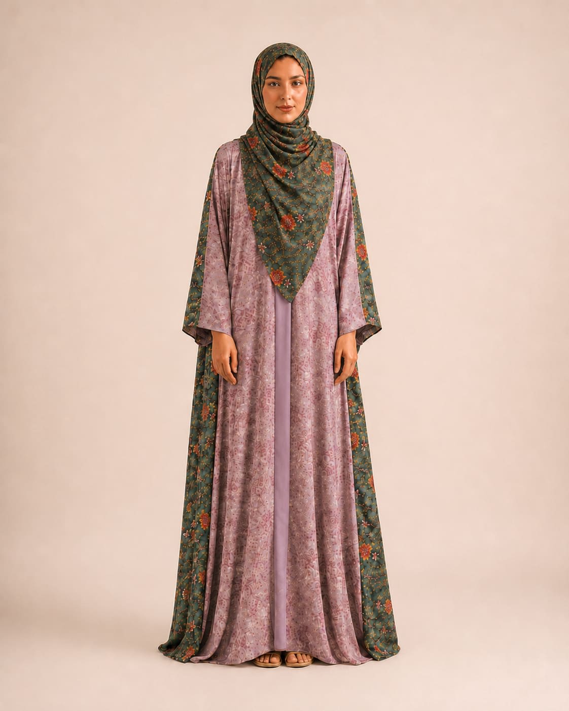 Mauve pink olive rose abaya with front view and subtle draping