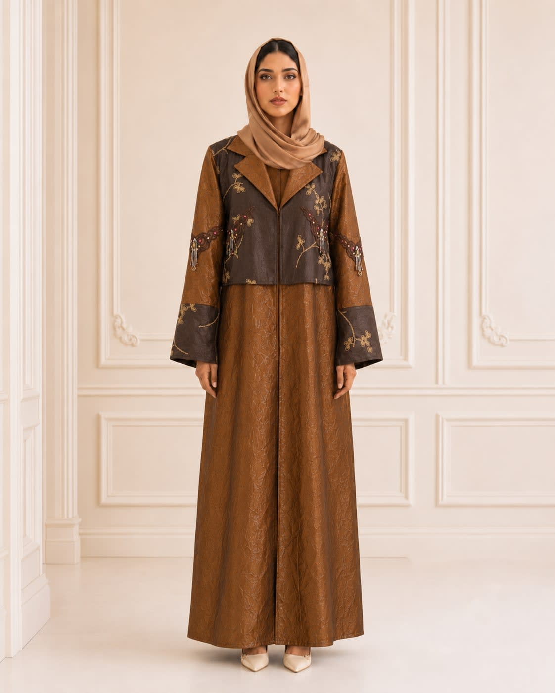 Premium satin Caramel Noir abaya flowing elegantly