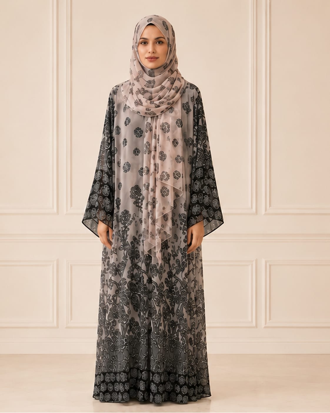 Beige and black floral abaya in premium chiffon, front view