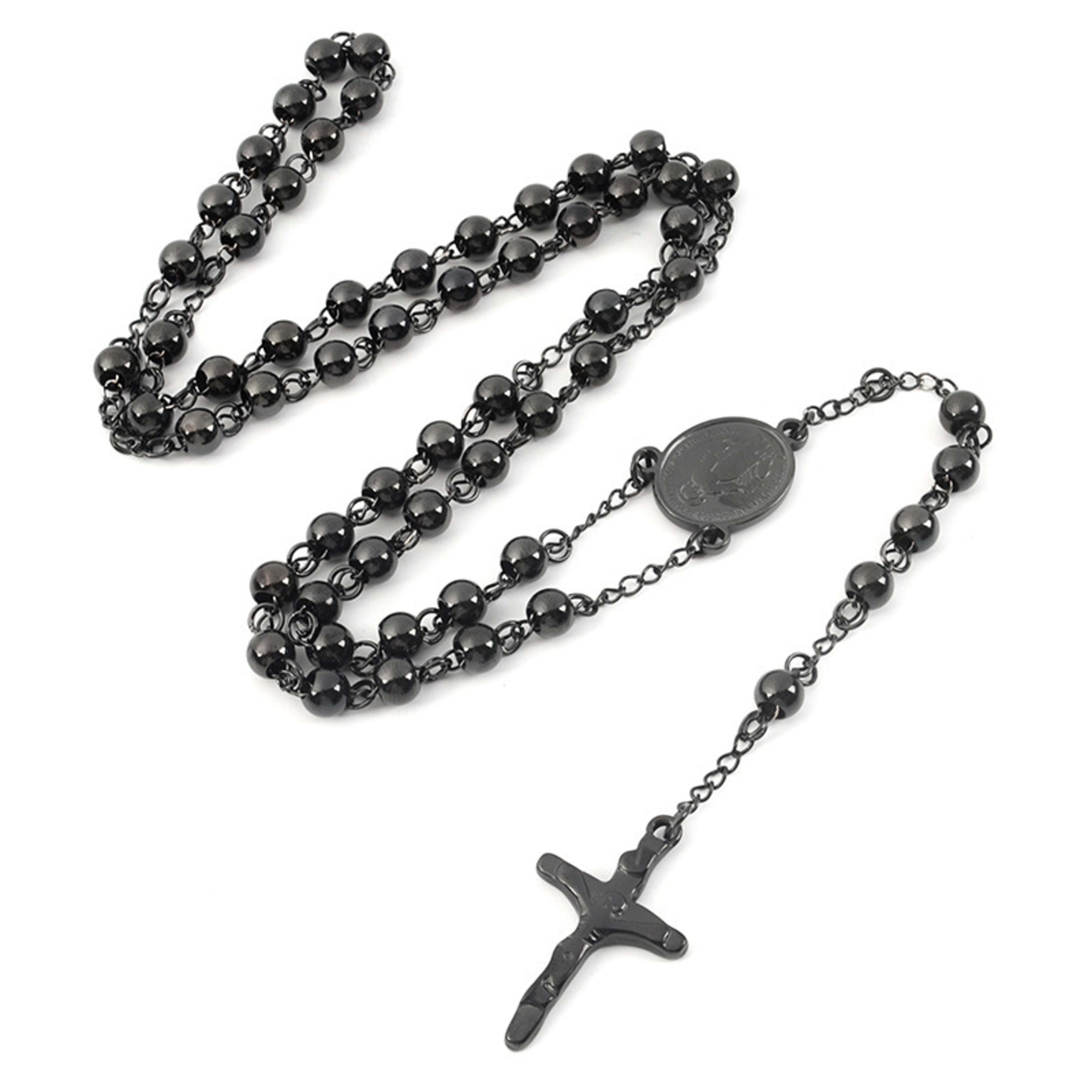 Black Beaded Rosary Necklace
