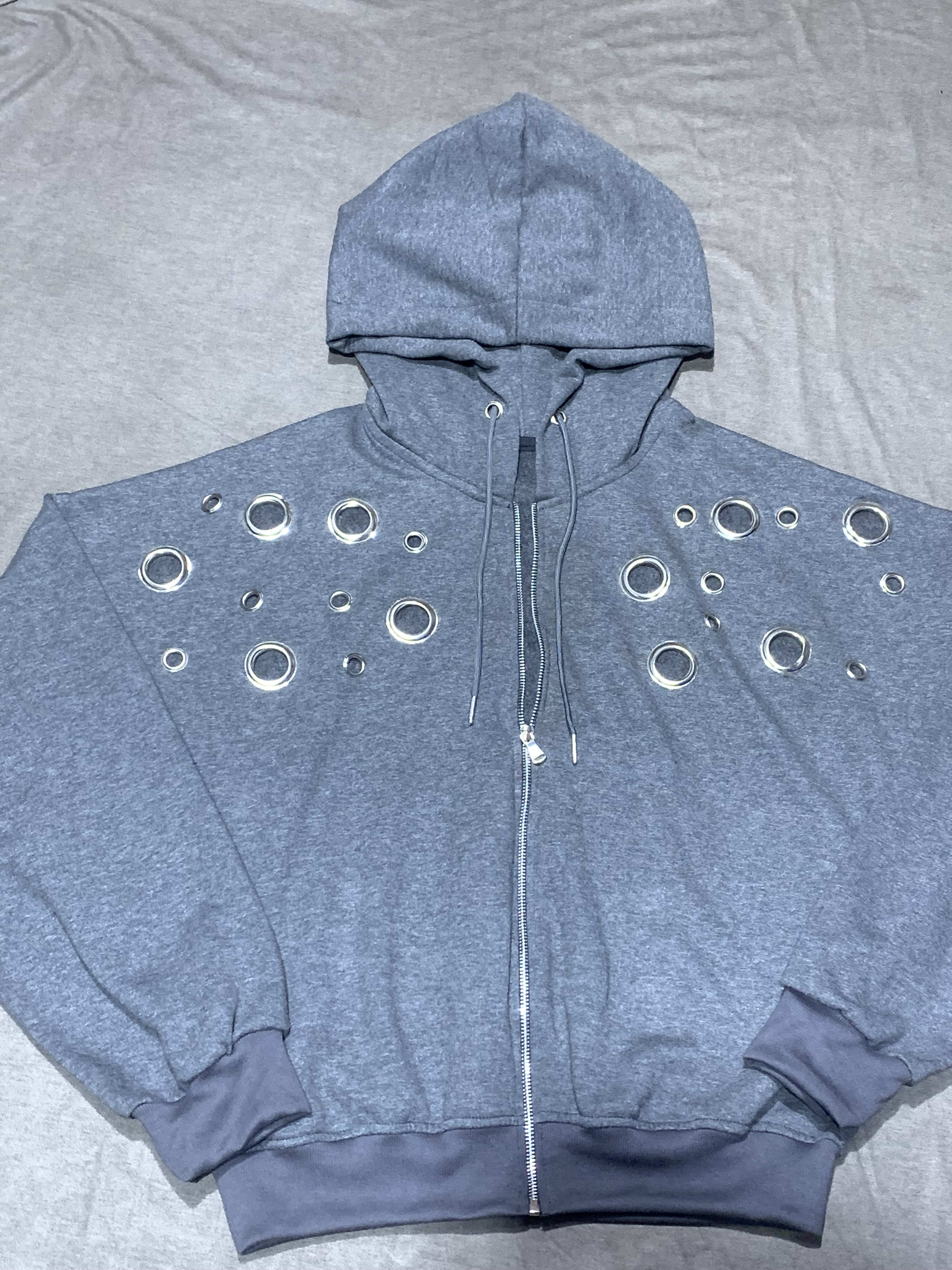 Stylish Grey Eyelet Full-Zip Hoodie