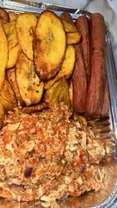 plantain and egg sauce with hotdog