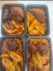 Beans, plantain and fried fish