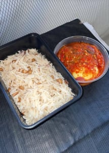 White rice & beans and Ata-dindin with beef, ponmo and boiled egg