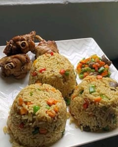 Chinese fried rice and chicken with salad