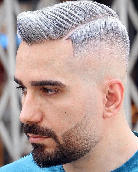 Side Part Skin Fade with Thick Hard Part and Blended Beard