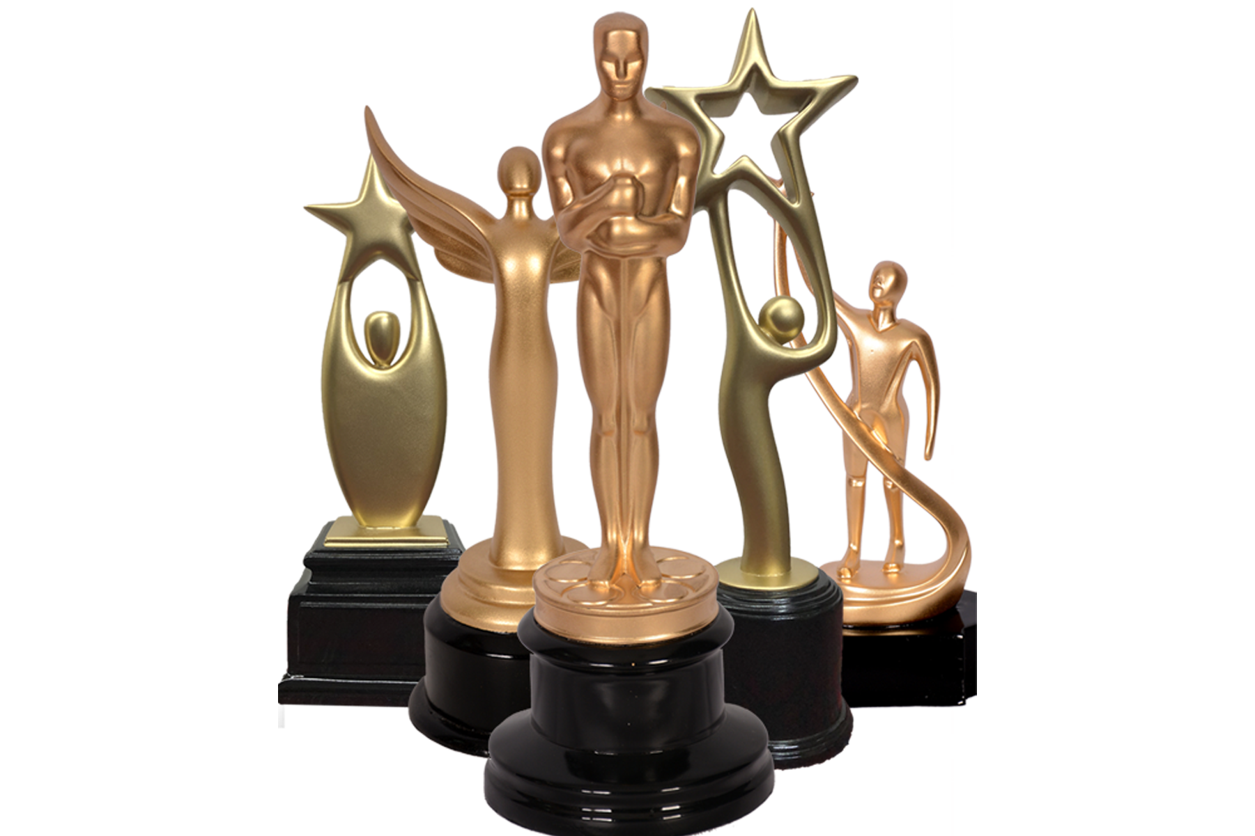 A collection of trophies displayed creatively