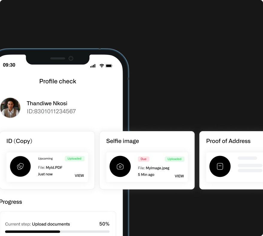 Digital banking interface showing layered cards and customer flow