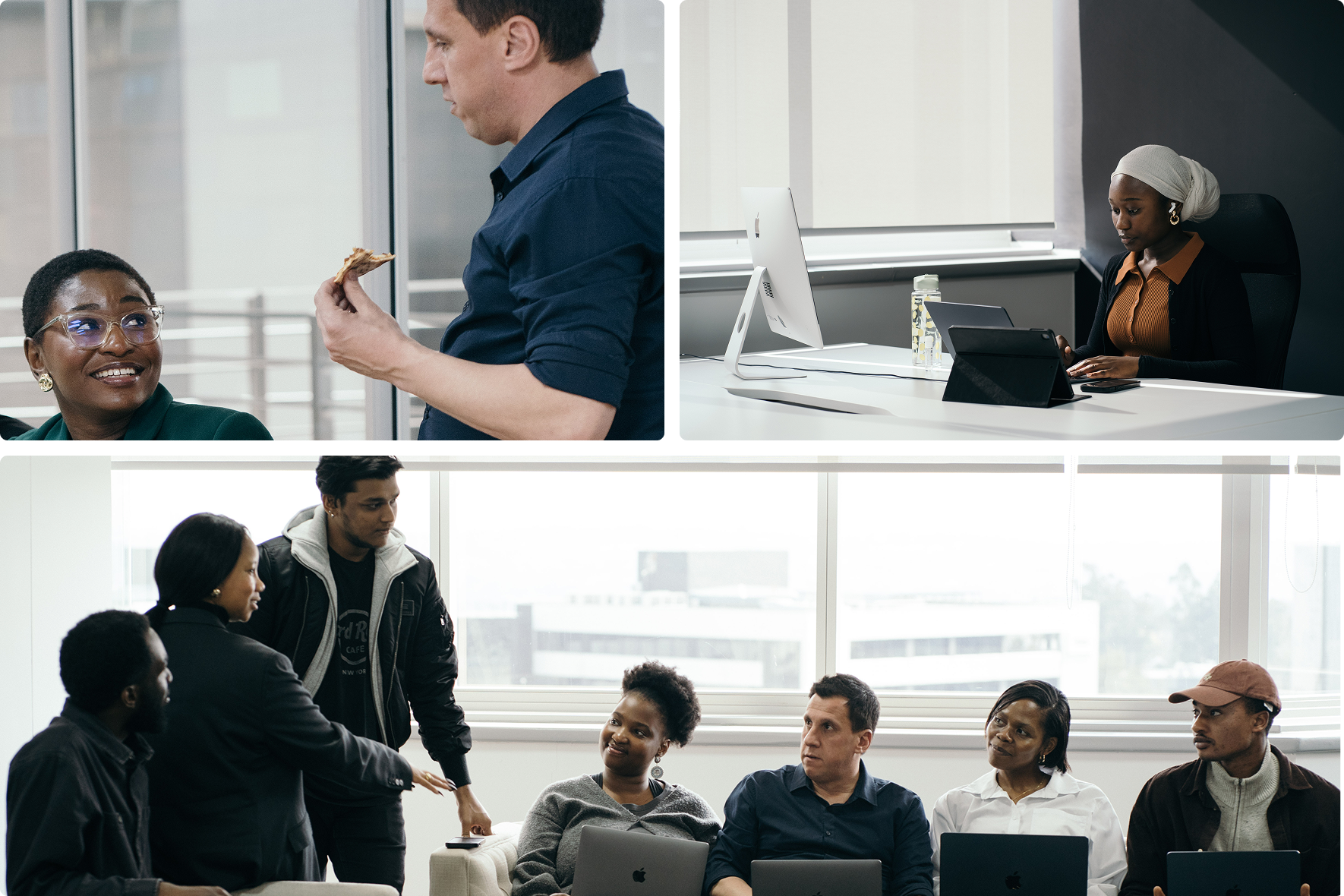 Team meeting with three professionals in an office setting