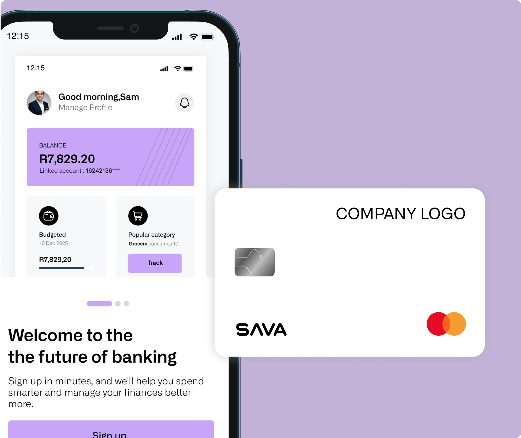 Digital banking interface showing layered cards and customer flow