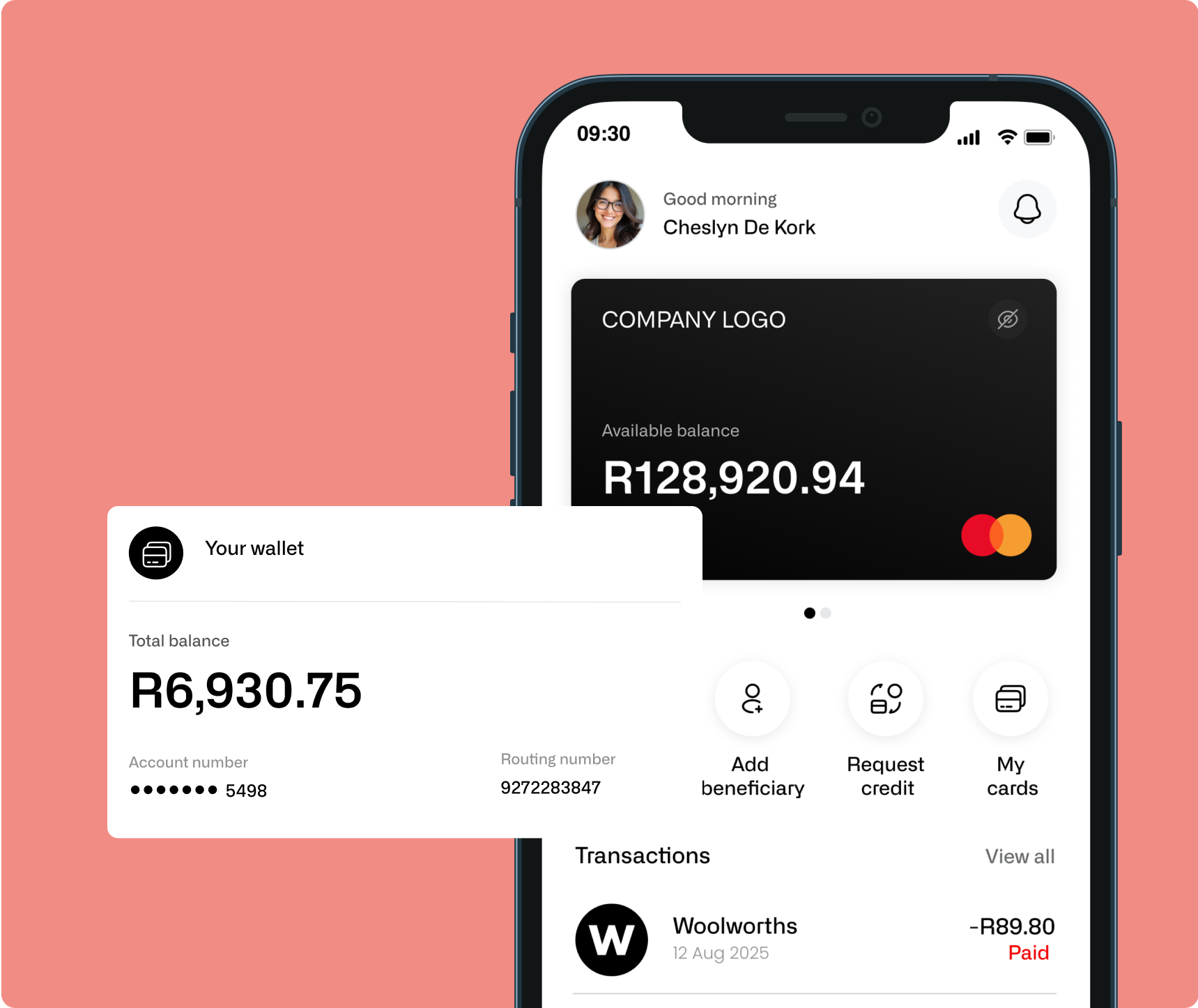 Digital banking interface showing layered cards and customer flow