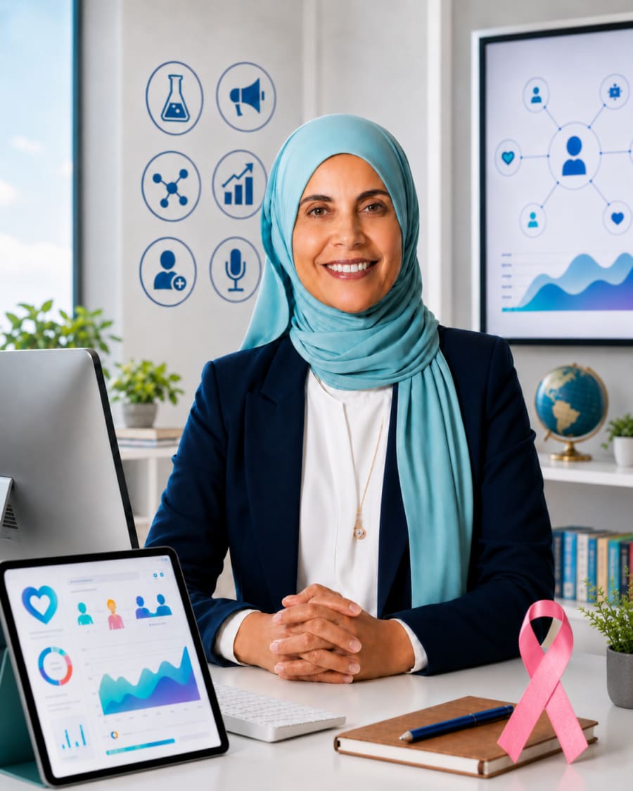 Reem, co-founder of My Bridge Clarity, seated in a professional healthcare office with a visible pink cancer awareness ribbon, representing women-owned healthcare leadership, patient advocacy, and the mission to make medical information easier to understand.