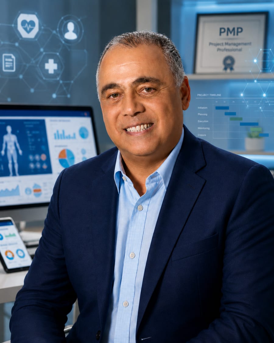 Ayman, co-founder of My Bridge Clarity, seated in a healthcare technology office with medical dashboards and a project management background, representing healthcare IT experience, workflow execution, and technical leadership.
