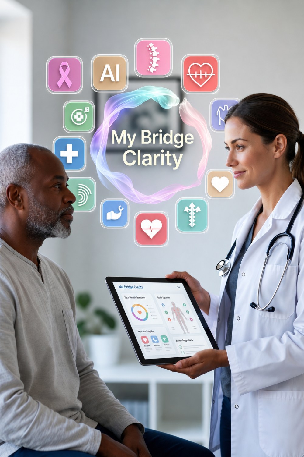 White female doctor showing an African American male patient a My Bridge Clarity visual health report on a tablet, representing clear patient education, visual understanding, and supportive doctor-patient communication.