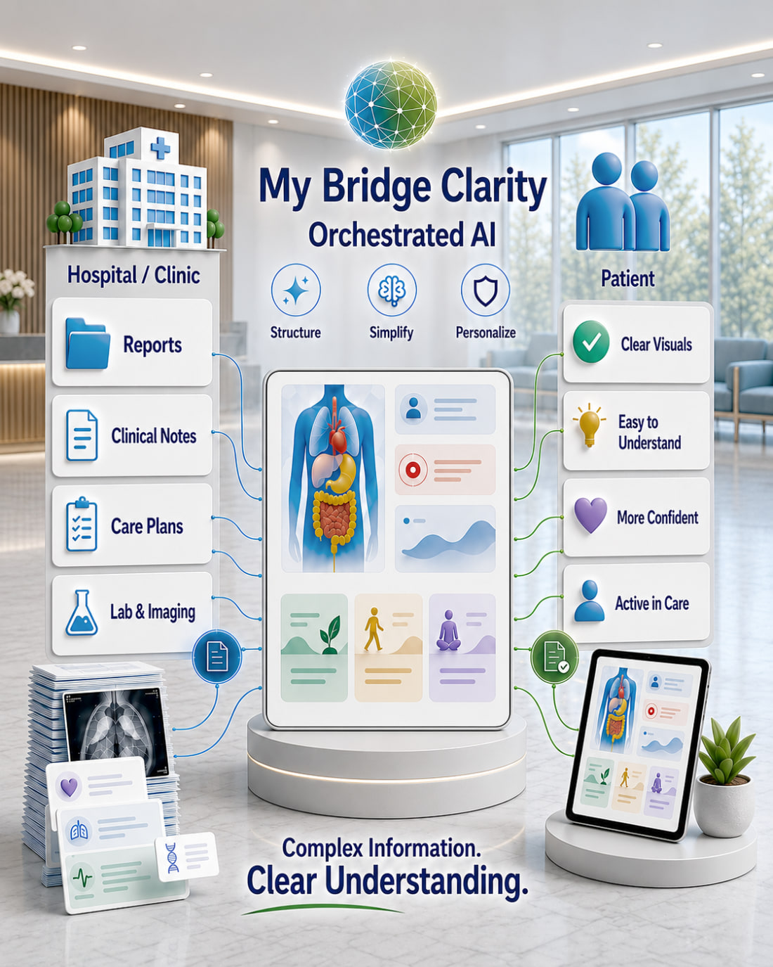 My Bridge Clarity solution: hospital and clinic information, including reports, clinical notes, care plans, and lab imaging, flows into orchestrated AI that structures, simplifies, and personalizes information for the patient, creating clear visuals, easier understanding, confidence, and active participation in care.