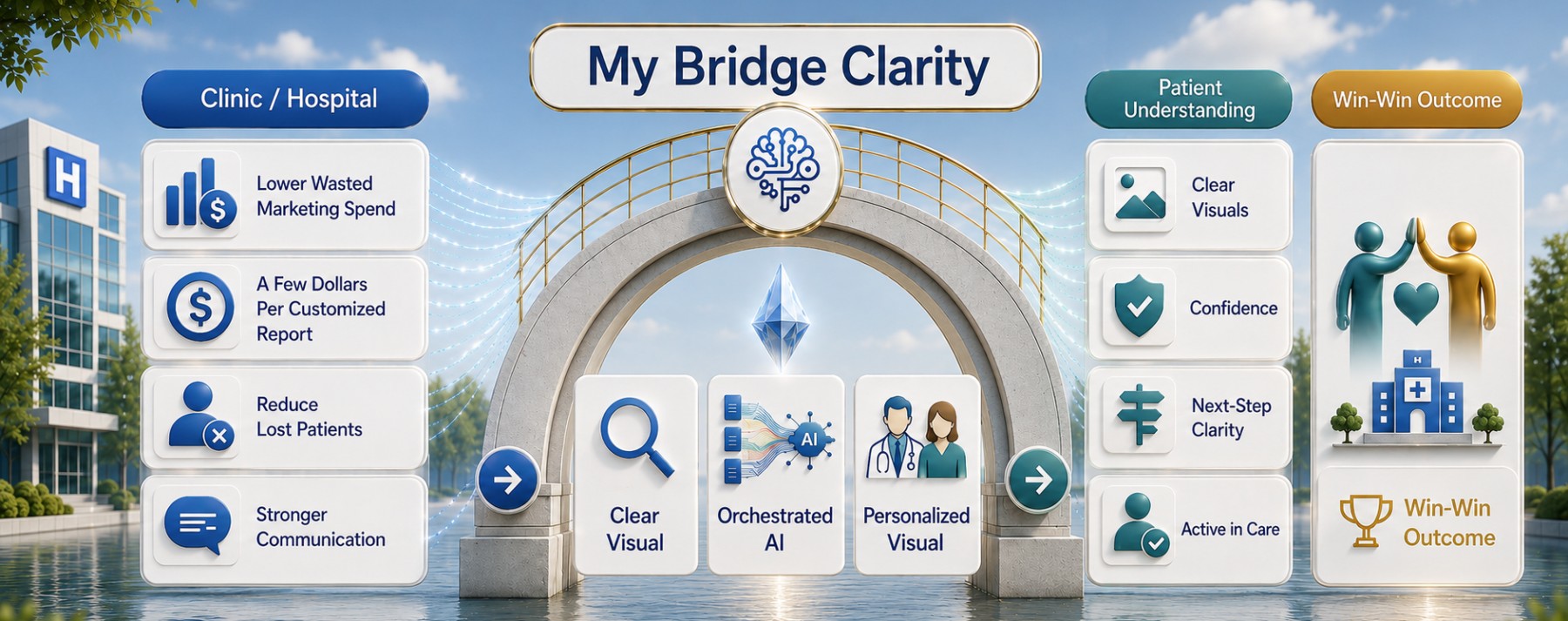Bridge from clinic to patient understanding. Hospital benefits include lower wasted marketing spend, a few dollars per customized report, reduced lost patients, and stronger communication. Patient benefits include clear visuals, confidence, next-step clarity, and active participation in care, creating a win-win outcome.