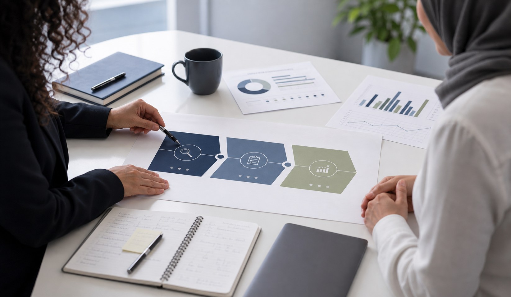 A consultant and business owner reviewing a clear three-step marketing roadmap and reporting materials