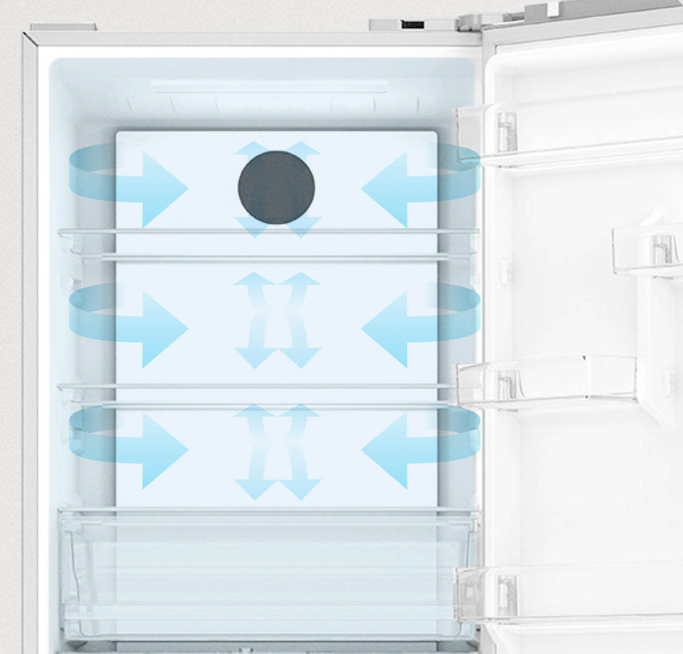 Gracias a este sistema el aire frío circula de forma uniforme por todo el interior de la nevera y, de esta forma, la temperatura se mantiene constante y los alimentos se conservan mejor.
