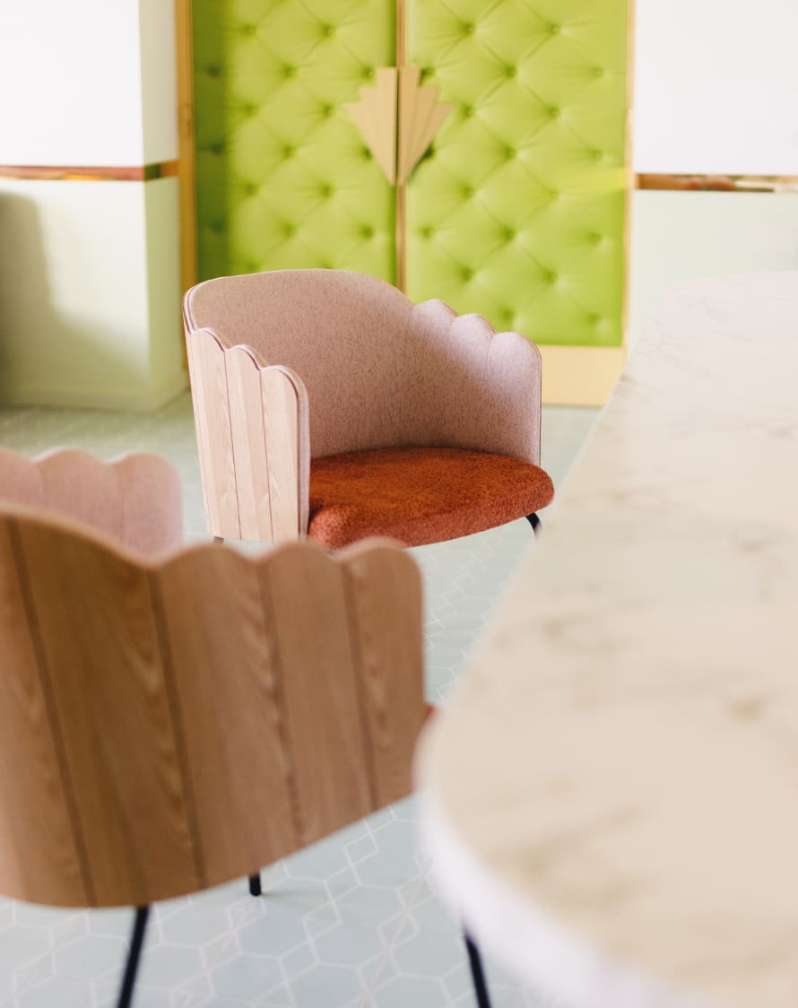 Esszimmerstuhl aus Holz und Stoff Rene