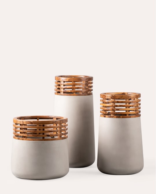 Set of 3 Acacia Concrete and Wooden Planters Hazan