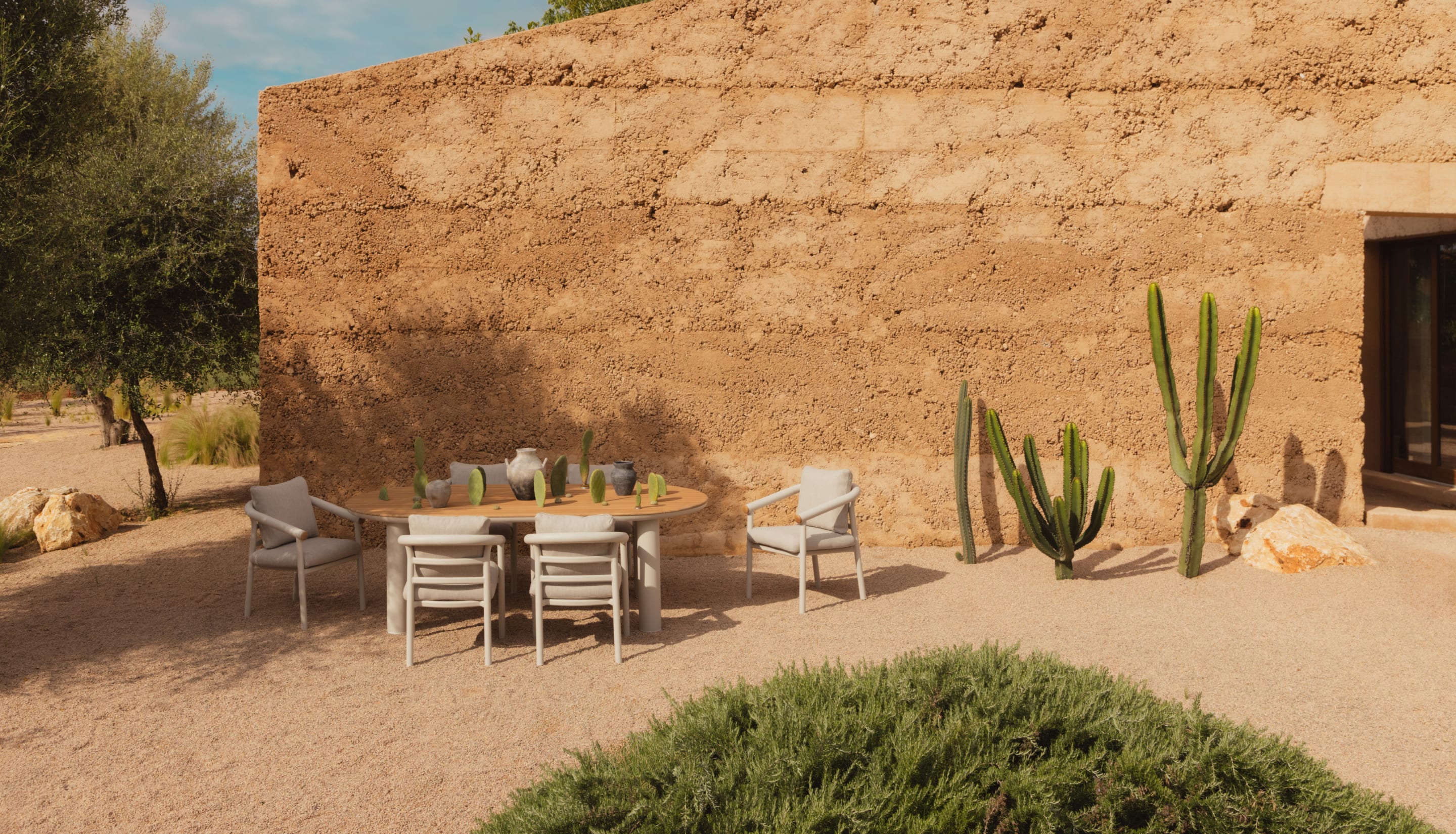 Ovales Tischset Cheryl (240 x 120 cm) und 6 Outdoor-Stühle aus Aluminium und Teakholz