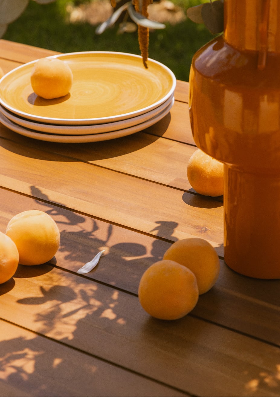 Hazan rechteckiges Tischset (180x90 cm) und 6 Stühle aus Akazienholz und Outdoor-Stoff